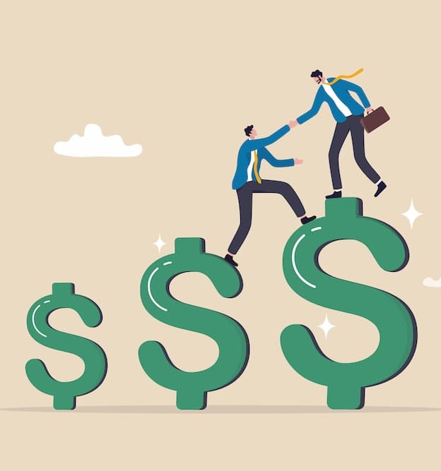 dessin de deux hommes en train de s'aider à monter les escaliers en dollars